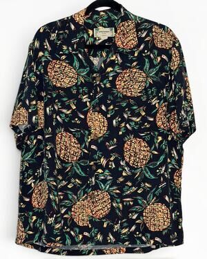 Vintage 90s Kamehameha Rayon Hawaiian Aloha Pineapple Shirt Black Sz L Made USA